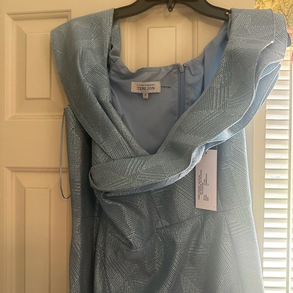 Teri Jon by Rickie Freeman Double Layer Ruffle Metallic blue Jacquard Gown  12 - Picture 2 of 9